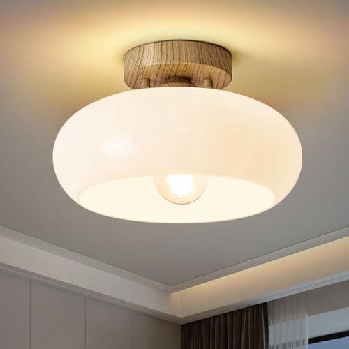 Mid Century Modern Faux Wood Semi Flush Ceiling Light 11.0 Inch