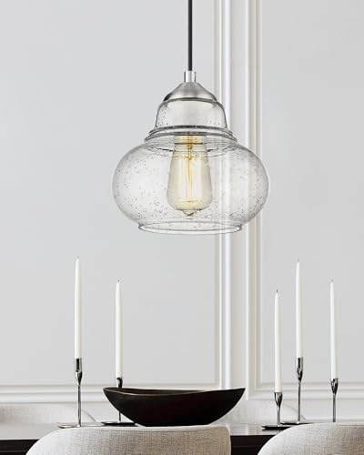 8 Inch Bubble Glass Pendant Light Industrial Kitchen Island Globe Hanging Pendant Light Fxiture Modern Hand Blown Seeded Glass for Farmhouse Dining Room Bar Bedroom Living Room Brushed Nickel