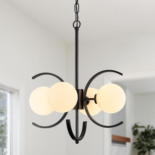 Black Sputnik Chandelier with Milk Glass Globe 4 Lights L16.5 Inch