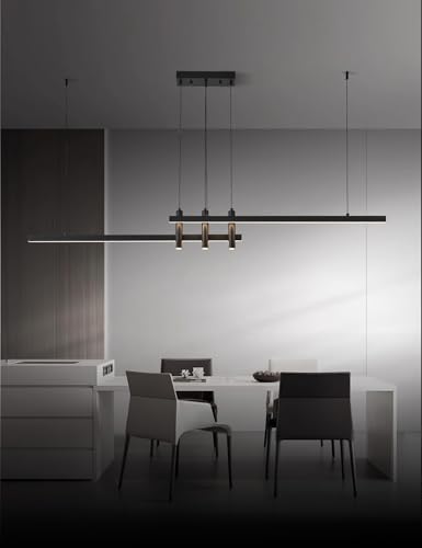 Modern Black Linear Pendant Lights Kitchen Island Lighting Minimalist Led Chandeliers Pool Table Light Dimmable Ceiling Hanging Light Fixture Dining Room with Remote Control
