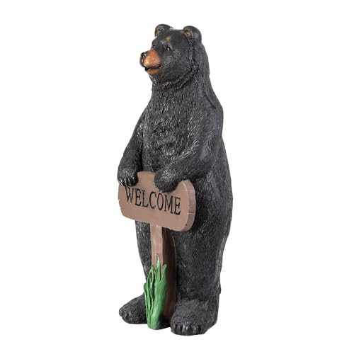 36" Tall Outdoor Standing Black Bear with Welcome Sign Yard Statue Decoration