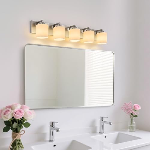 5 Light Brushed Nickel Bathroom Vanity Light with White Glass Shades