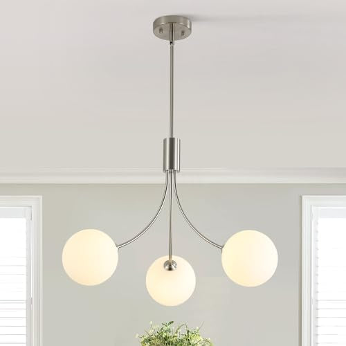 3 Light Brushed Nickel Chandelier Milk Globe Glass Pendant Lights Kitchen Island