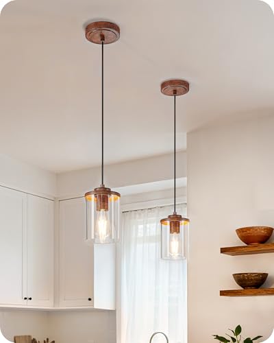 Farmhouse Pendant Light Wood Grain Finish Clear Glass Shade
