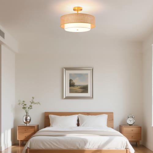 18 inch Bohemian Wicker Flush Mount Ceiling Light