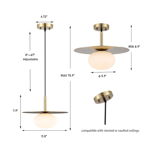 Modern Globe Pendant Lighting Set of Two Milky White Glass Shade Brass Gold Farmhouse Pendant Light 11.81" Dome Industrial Hanging Ceiling Light Fixture Kitchen Island Dinning Room Bedroom (2 Count)