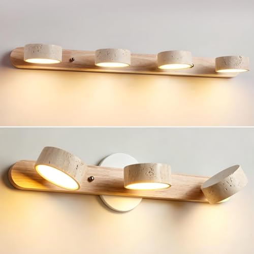 Farmhouse Wood Vanity Light 4 Lights Natural Stone Shade
