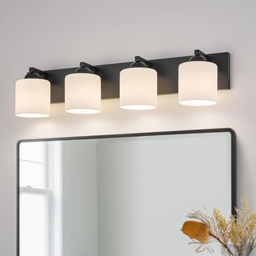 4 Light Black Bathroom Vanity Light with White Glass Shades