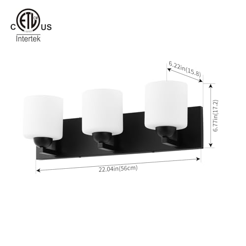 3 Light Black Bathroom Vanity Light with White Glass Shades