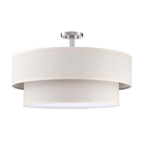 5 Light 22" Cream Fabric Brushed Nickel Semi Flush Mount Close to Ceiling Light Fixture