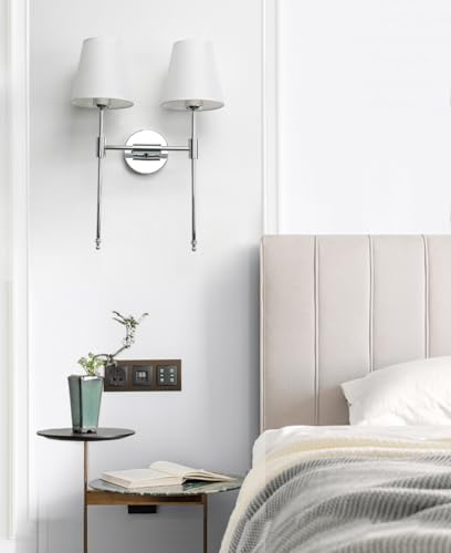 Classic Double Sconce Chrome 2 Lights Wall Sconce Rustic Wall Mount Lighting Fixture with Flared White Textile Lamp Shade