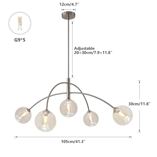 Mid Century Modern Sputnik Chandelier with Glass Globe Cognac Shade Adjustable 5 Light Silver Chandelier for Dining Room Kitchen Bedroom