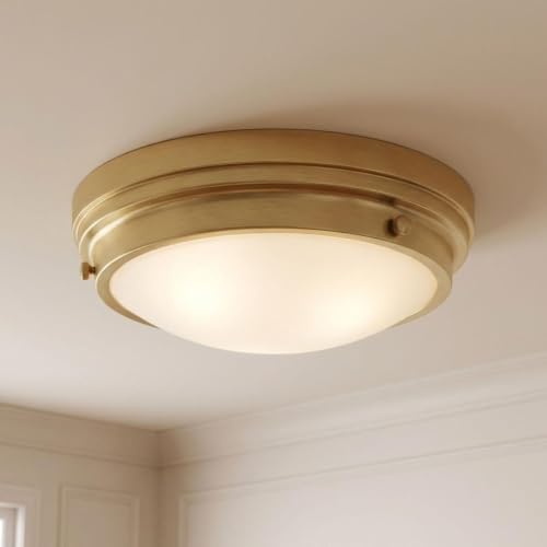 6-3350-16-322 Lucerne Industrial White Glass Flush Mount, 3-Light 180 Total Watts, 5" H x 15" W, Warm Brass