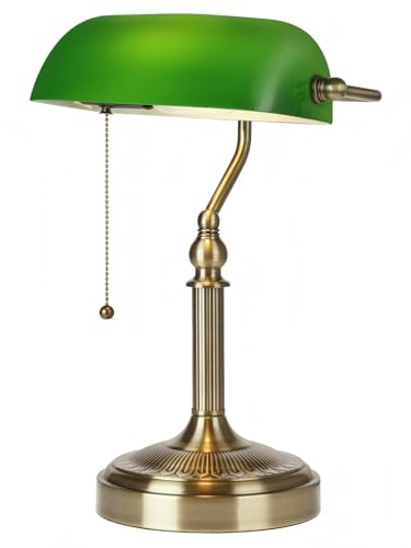 Green Glass Bankers Desk Lamp with Pull Chain Switch Plug in