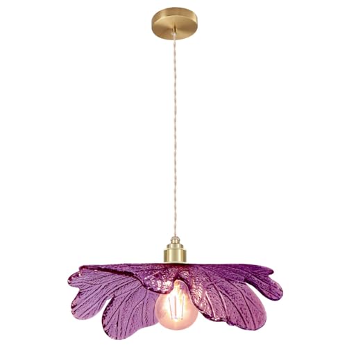 Purple Glass Pendant Light Fixtures 15.75" Large Flower Petal Ceiling Hanging Light Statement with Brushed Gold Base Mid Century Modern Chandelier for Kitchen Island Dining Room Living Room Foyer