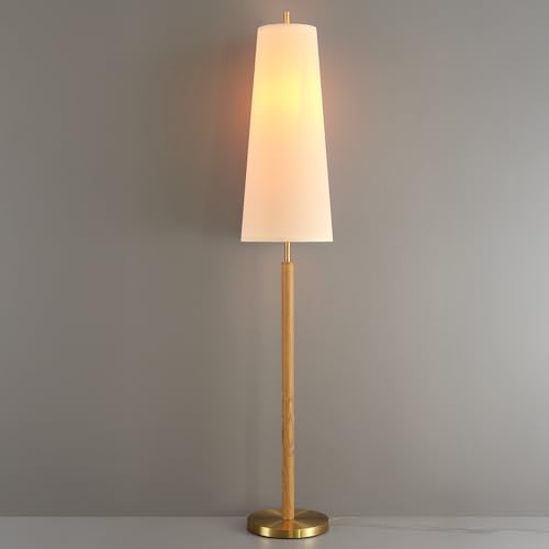 63" Matte Brass Floor Lamp with Wood Toned Accent and Long White Fabric Shade