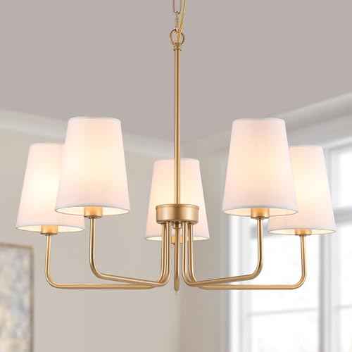 AMZASA Farmhouse Chandelier, 5-Lights Visual Comfort Gold Light, Muted Gold with White Fabric Shade, Linear Island Lighting Fixture for Kitchen, Dining Room