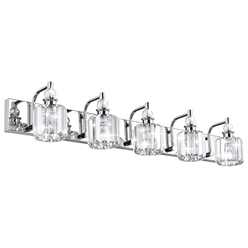 Modern Crystal Vanity Lights 5 Light 40" Modern Crystal Bathroom Lights Fixtures Over Mirror Stainless Steel Chrome Vanity Light for Bathroom Wall Lights Fixtures