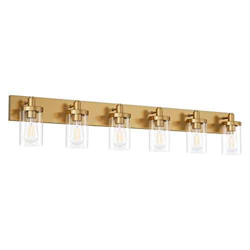 Gold Bathroom Vanity Light Farmhouse Vanity Lighting Fixtures 6 Light 48in Bathroom Light Fixtures with Clear Glass Shade