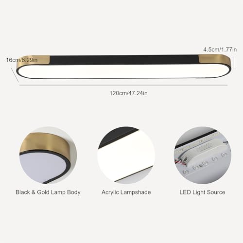 4FT LED Light Fixture 60W Dimmable Led Ceiling Light Black and Gold Flush Mount Ceiling Light Modern Light Fixtures Ceiling for Kitchen Closet Garage Office Hallway