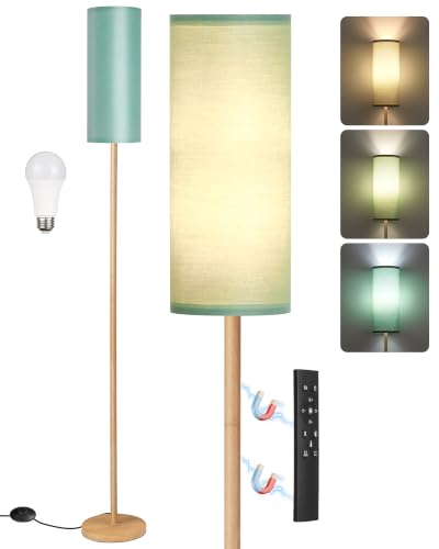 Wooden Textured Tall Slim Floor Lamp for Living Room with Remote and Foot Switch