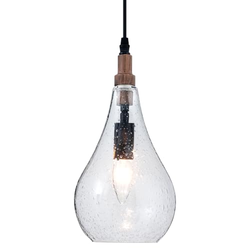 Farmhouse Wood Bubble Seeded Glass Pendant Light Adjustable Industrial Pendant Lighting Fixtures for Kitchen Island Dining Room Bedroom Entryway Sink