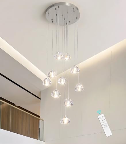 Glam Chandelier with LED Dimmable Bulbs Bubble Crystal Balls Glam Chandeliers High Ceiling Pendants Light Fixtures Adjustable Long Lights Brushed Nickel