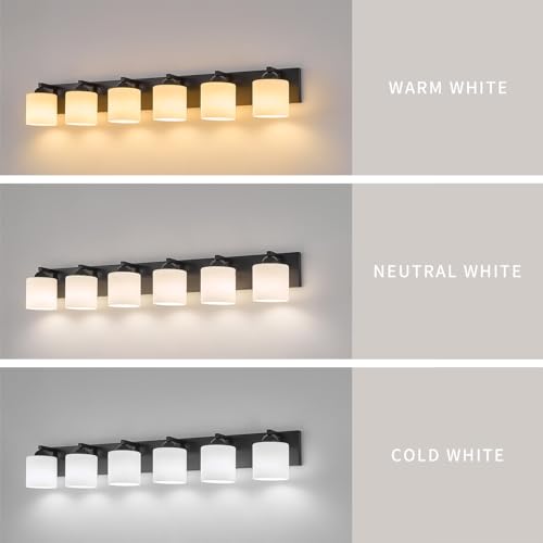 6 Light Black Bathroom Vanity Light with White Glass Shades