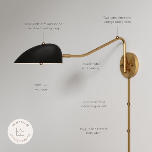 Bilson Plug in Wall Sconce with Black Dome Shade and Brass Swing Arm