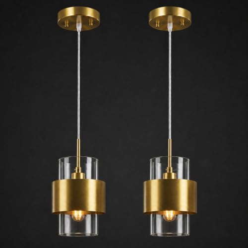 Modern Gold Pendant Lighting Indoor Kitchen Island Pendant Light Glass Shade Ceiling Light Fixtures for Bedroom Dining Room Living Room (2 Count)