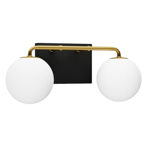 2 Lights Mid Century Vintage Bathroom Vanity Light Fixtures Over Mirror Black Gold Industrial Vanity Lights with Milk White Glass Globe Farmhouse Bath Lighting