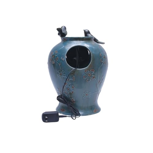 Blue Verdigris Bird Indoor Water Fountain with LED Light and Pump