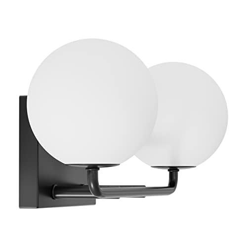 2 Lights Mid Century Vintage Bathroom Vanity Light Fixtures Over Mirror Black Industrial Vanity Lights with Milk White Glass Globe Farmhouse Bath Lighting