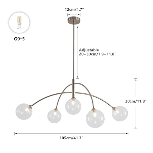 Mid Century Modern Sputnik Chandelier Adjustable 5 Light Clear Glass Silver Ceiling Chandelier for Dining Room Kitchen Bedroom