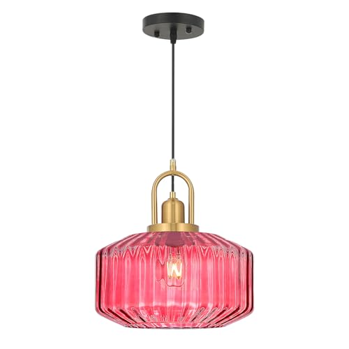 11.8in Mid Century Modern Pendant Light Gold Large Wine Red Glass
