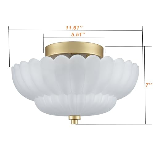 Gold Flush Mount Ceiling Light with Scalloped Frosted Milk Glass