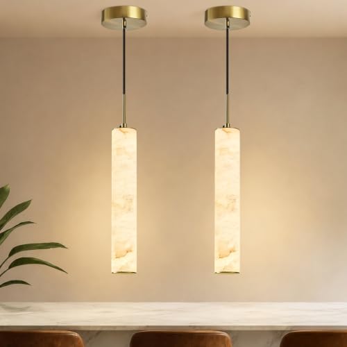 Gold Natural Alabaster Long Tube Kitchen Island Pendant Lights (2 Count)