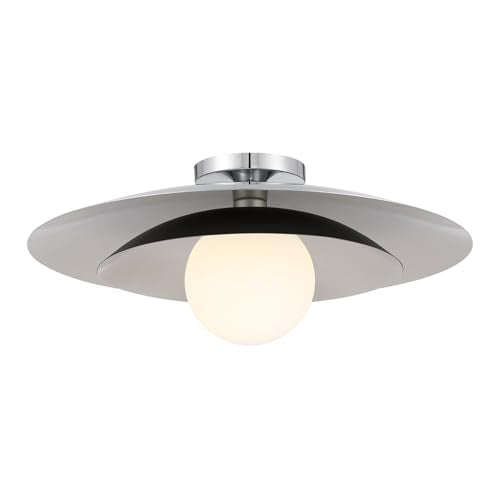6-5564-1-11 Sherrer Mid-Century Modern White Opal Glass Semi-Flush, 1-Light 60 Watt, 9" H x 20" W, Chrome