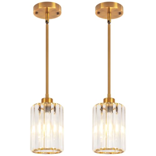 2 Pack Brushed Gold Pendant Light Fixtures Modern Crystal Kitchen Lighting (2 Count)