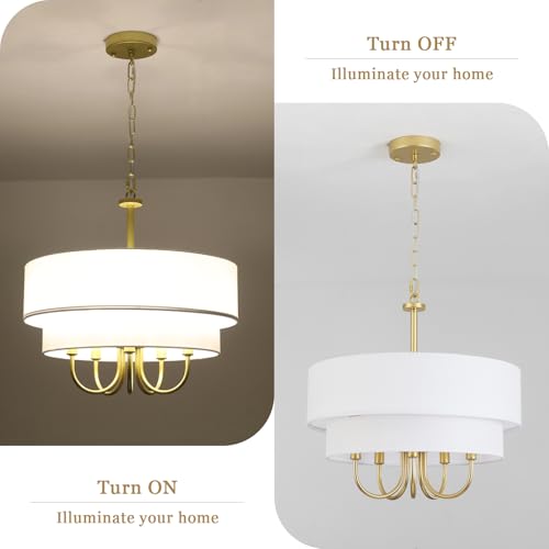 5 Light Gold Chandeliers for Dining Room with White Fabric Shades Two Layer (5 Count)