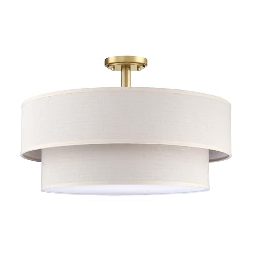 4 Light 20" Cream Fabric Gold Semi Flush Mount Close to Ceiling Light Fixture