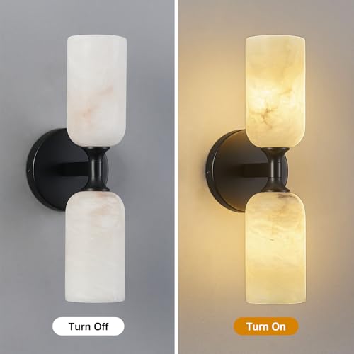 Natural Alabaster Wall Sconces Set of Two Modern Black Wall Lamp14in Milky White Alabaster Vanity Wall Lighting for Bedroom Bathroom Staircases Hallway（Included G9 Bulb） (2 Count)