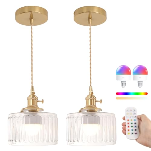 Battery Operated Pendant Light 5000mAh Rechargeable Chandelier with Remote Control Wireless Adjustable Hanging Clear Striped Light for Kitchen Island Dining Room Hallway (2 Count)