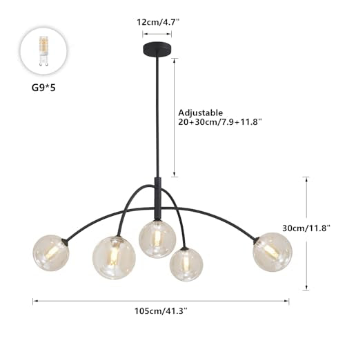 5 Light Modern Brass Chandelier Fixture Globe Glass Shade Pendant Light Black Kitchen Large Chandelier for Dining Room Kitchen Bedroom