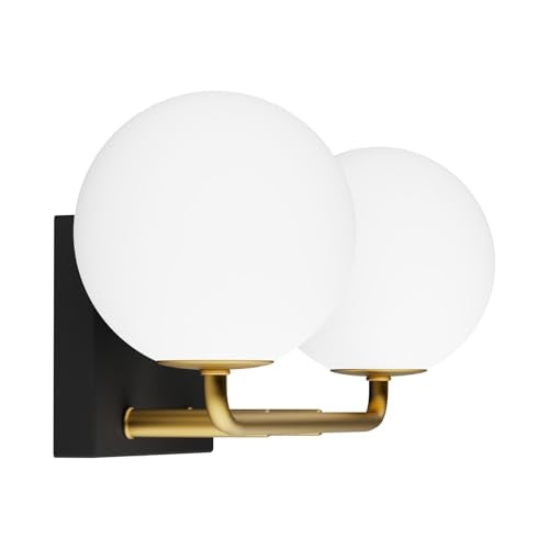 2 Lights Mid Century Vintage Bathroom Vanity Light Fixtures Over Mirror Black Gold Industrial Vanity Lights with Milk White Glass Globe Farmhouse Bath Lighting