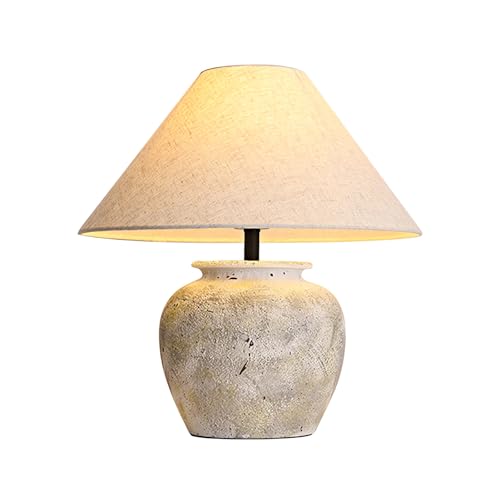 Farmhouse Table Lamp White Ceramic Lamps Rustic Clay Pot with Fabric Shade Decor for Living Room Bedroom House Bedside Nightstand Home Office