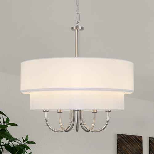 Modern Drum Chandeliers for Dining Room Light Fixture 5 Light Brushed Nickel Chandelier with Shades Contemporary Farmhouse Hanging Large Pendant Lighting for Kitchen Island Living Room Entryway Foyer