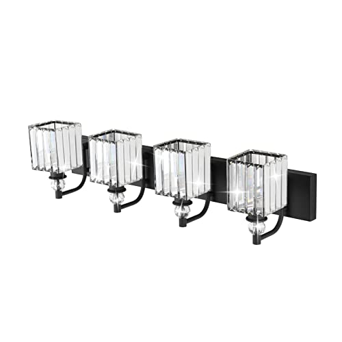Black Crystal Vanity Light 4 Light 31.5''Modern Matte Black Bathroom Wall Light Fixtures Over Mirror Bathroom Vanity Lights