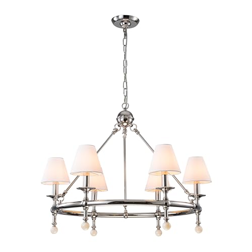 6 Light W34 Inch Polished Nickel Statement Chandelier with White Pleated Fabric Shades and Alabaster Finials Large Round Designer Lighting for Dining Room Living Room