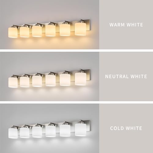 6 Light Brushed Nickel Bathroom Vanity Light with White Glass Shades